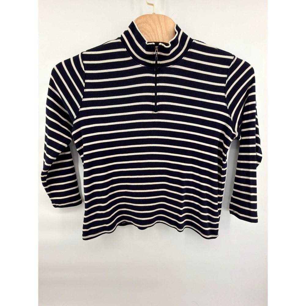 L.L.Bean Women's 1X Navy White Striped 100% Cotton Mock Neck 1/4 Zip Pullover